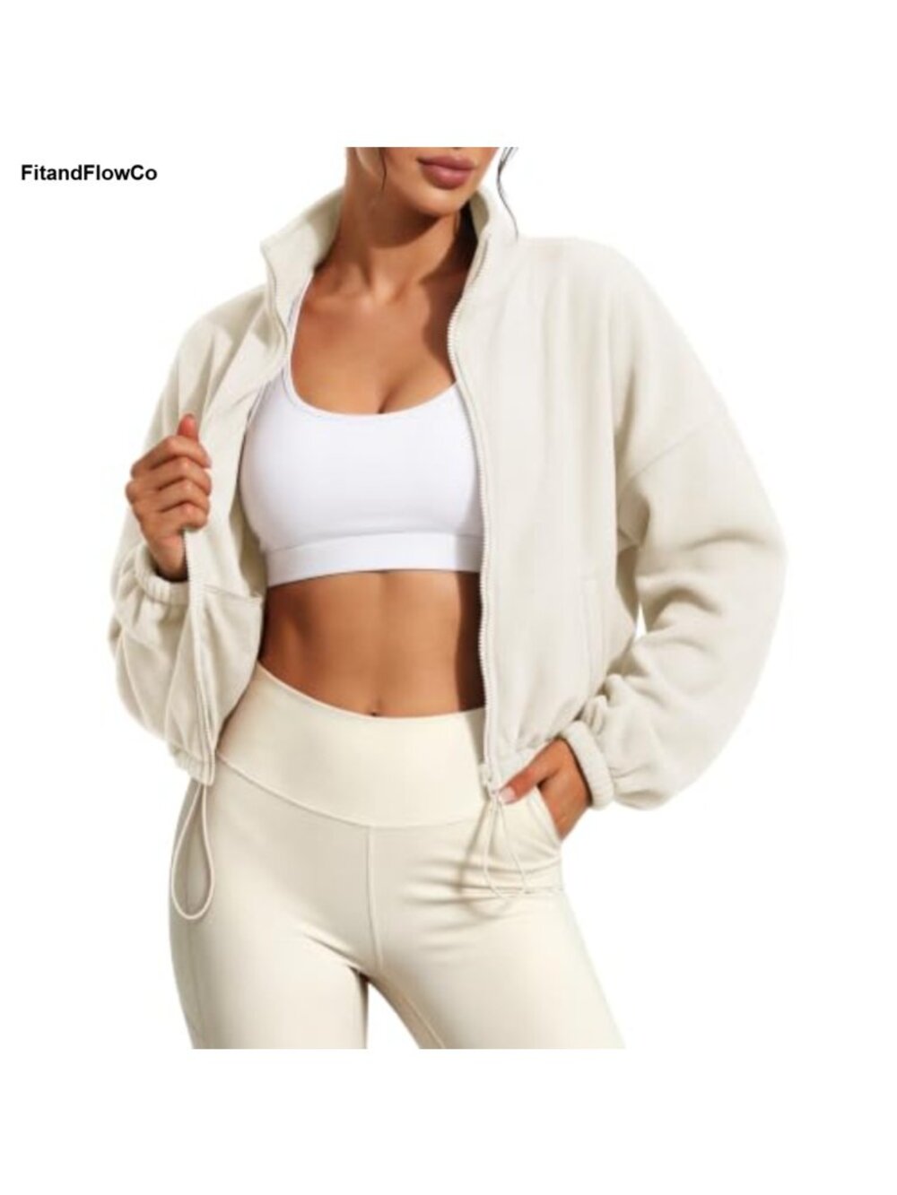 Cropped Fleece Jacket Full Zip Sherpa Sweatshirt Drawstring Hem